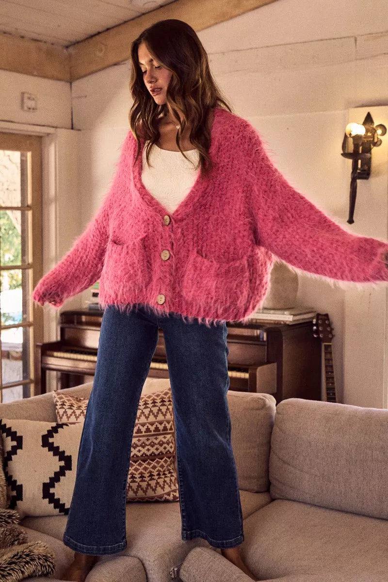 SO ME Soft Touch Hairy Loose Fit Cozy Sweater Cardigan  DAME BOHEME