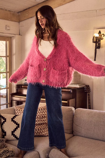 SO ME Soft Touch Hairy Loose Fit Cozy Sweater Cardigan  DAME BOHEME
