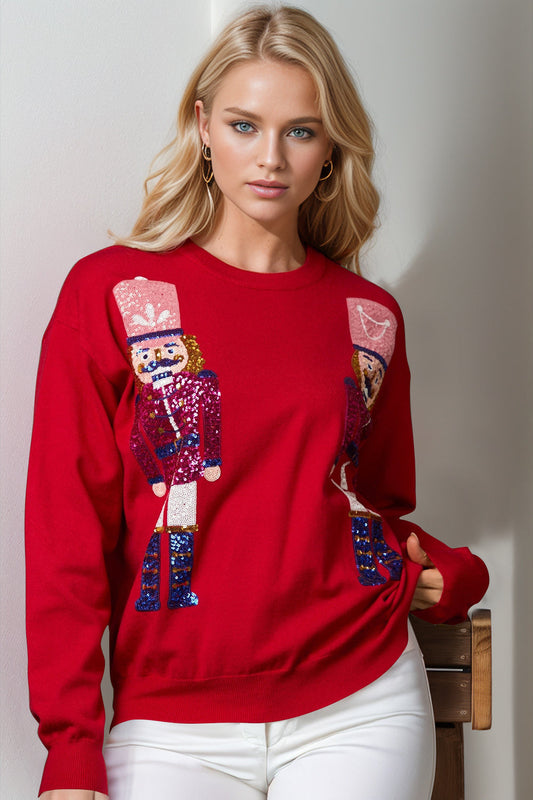 Double Take Full Size Nutcracker Sequin Long Sleeve Sweater  DAME BOHEME