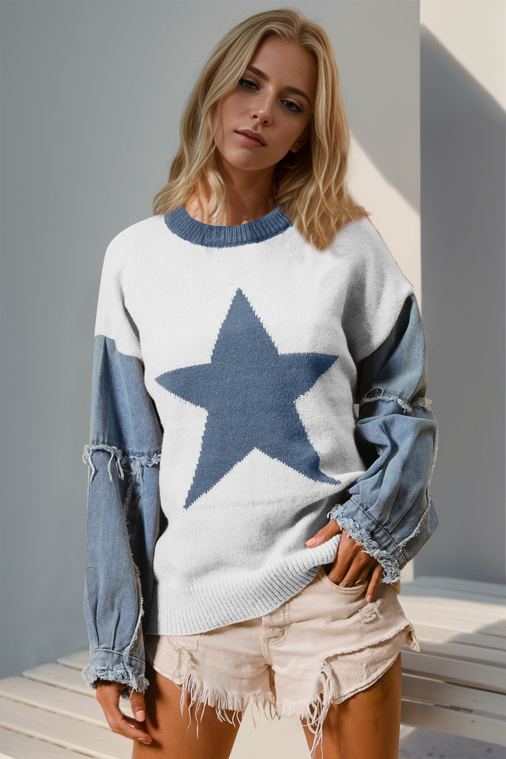 Double Take Full Size Star Pattern Raw Edge Long Sleeve Sweater  DAME BOHEME