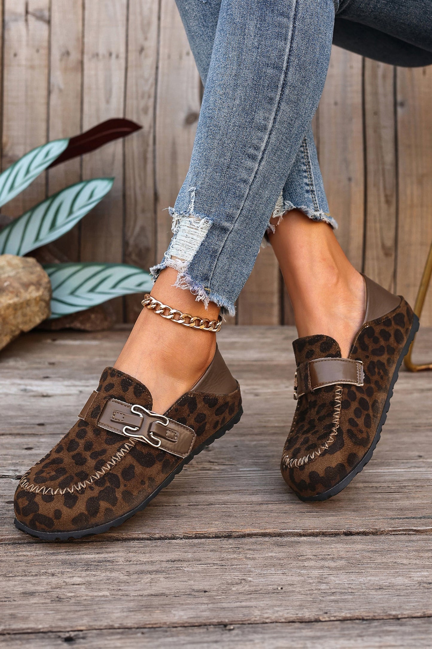 Coffee Faux Suede PU Leather Patchwork Retro Buckle Slip On Shoes  DAME BOHEME