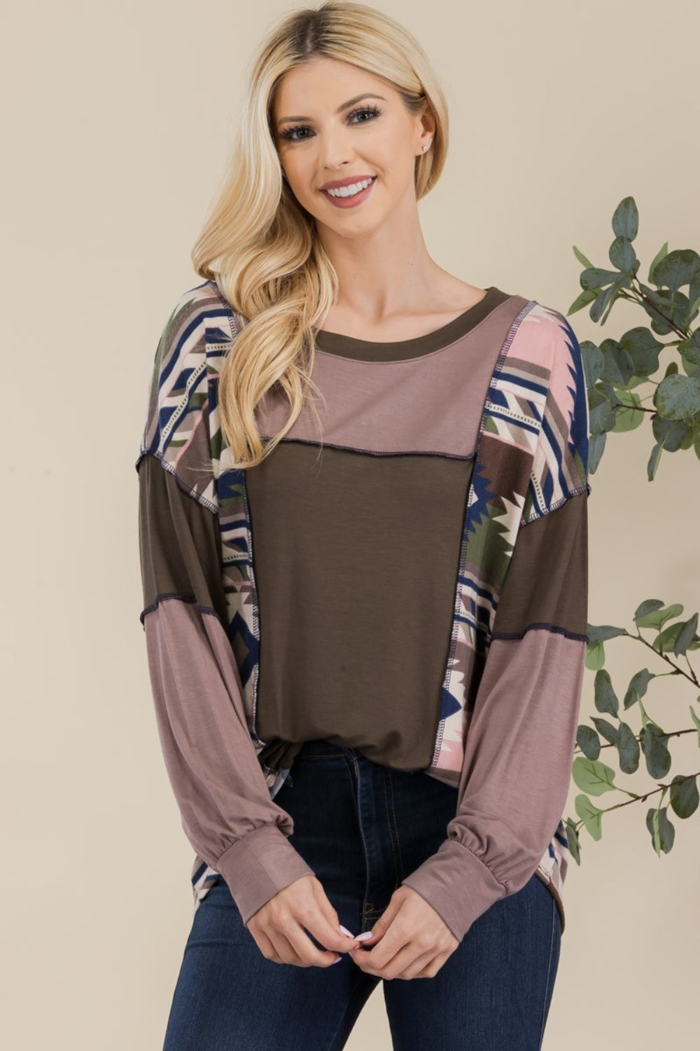 Celeste Full Size Exposed Seam Printed Color Block T-Shirt Blouse