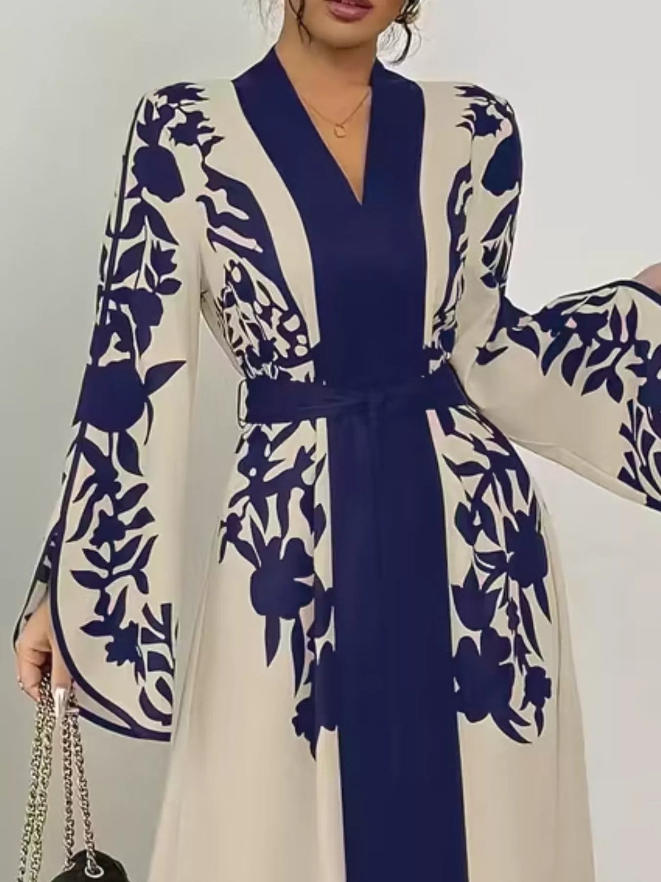 Printed Tie Waist Elegant Maxi Dress