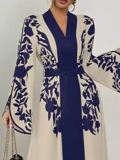 Printed Tie Waist Elegant Maxi Dress