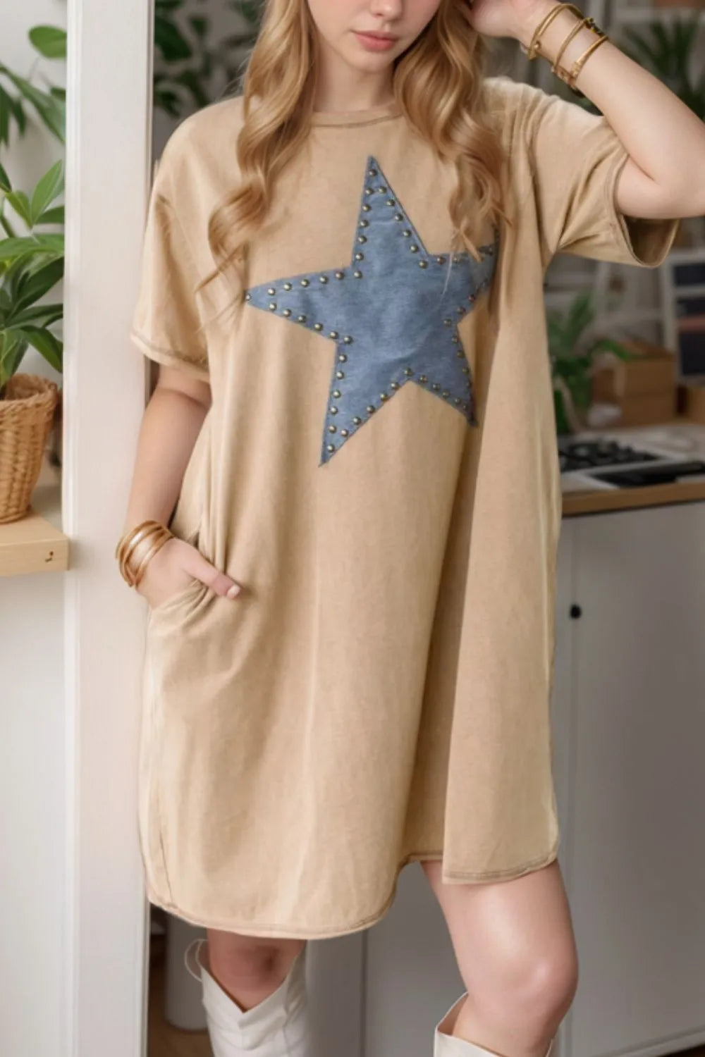 Mineral Wash Stud Beaded Star Pocketed T Shirt Dress  DAME BOHEME