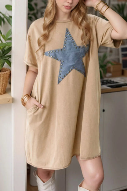 Mineral Wash Stud Beaded Star Pocketed T Shirt Dress  DAME BOHEME