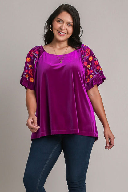 Umgee Full Size Velvet Embroidery Short Sleeve Blouse Trendsi