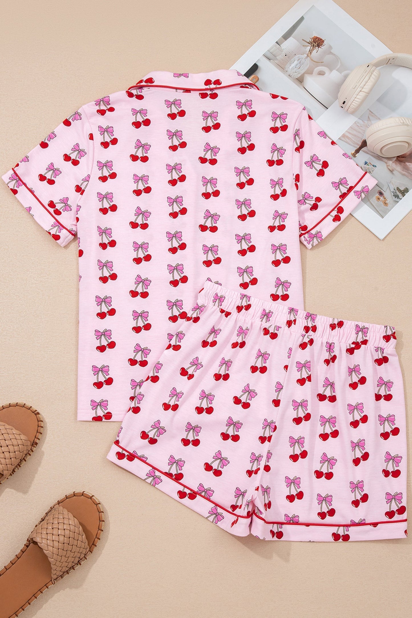 Pink Cherry/Bow Print Short Pajama Set  DAME BOHEME
