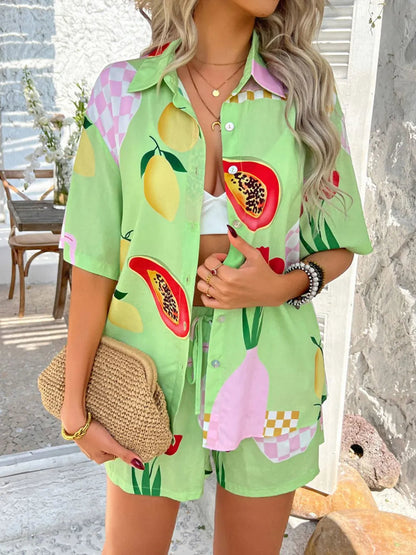 Devine Tropical Print Button-Down Shirt and Shorts Set Trendsi