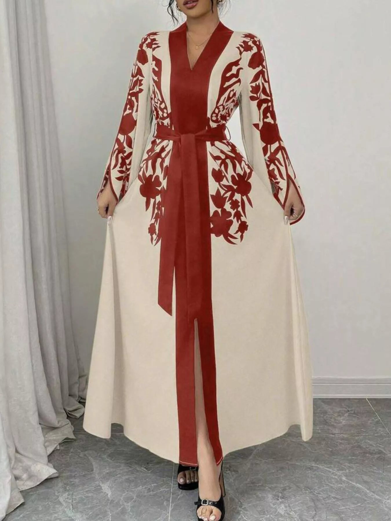 Printed Tie Waist Elegant Maxi Dress