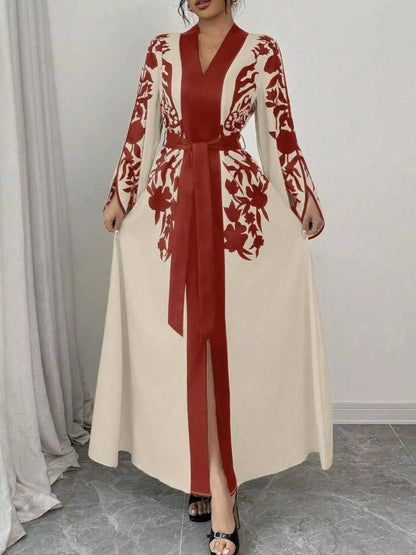 Printed Tie Waist Elegant Maxi Dress