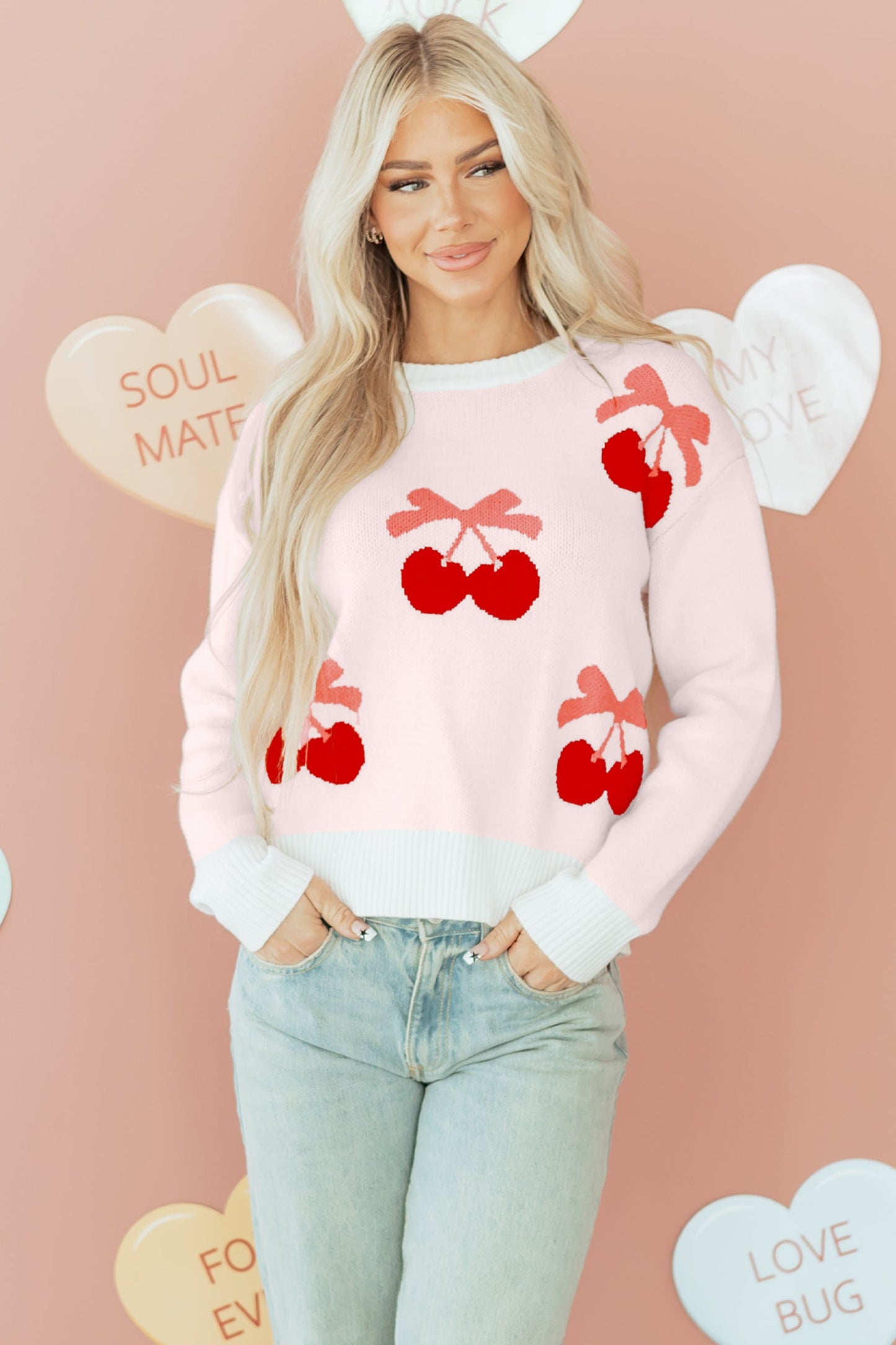 Nevaeh Cherry Pattern Drop Shoulder Sweater  DAME BOHEME