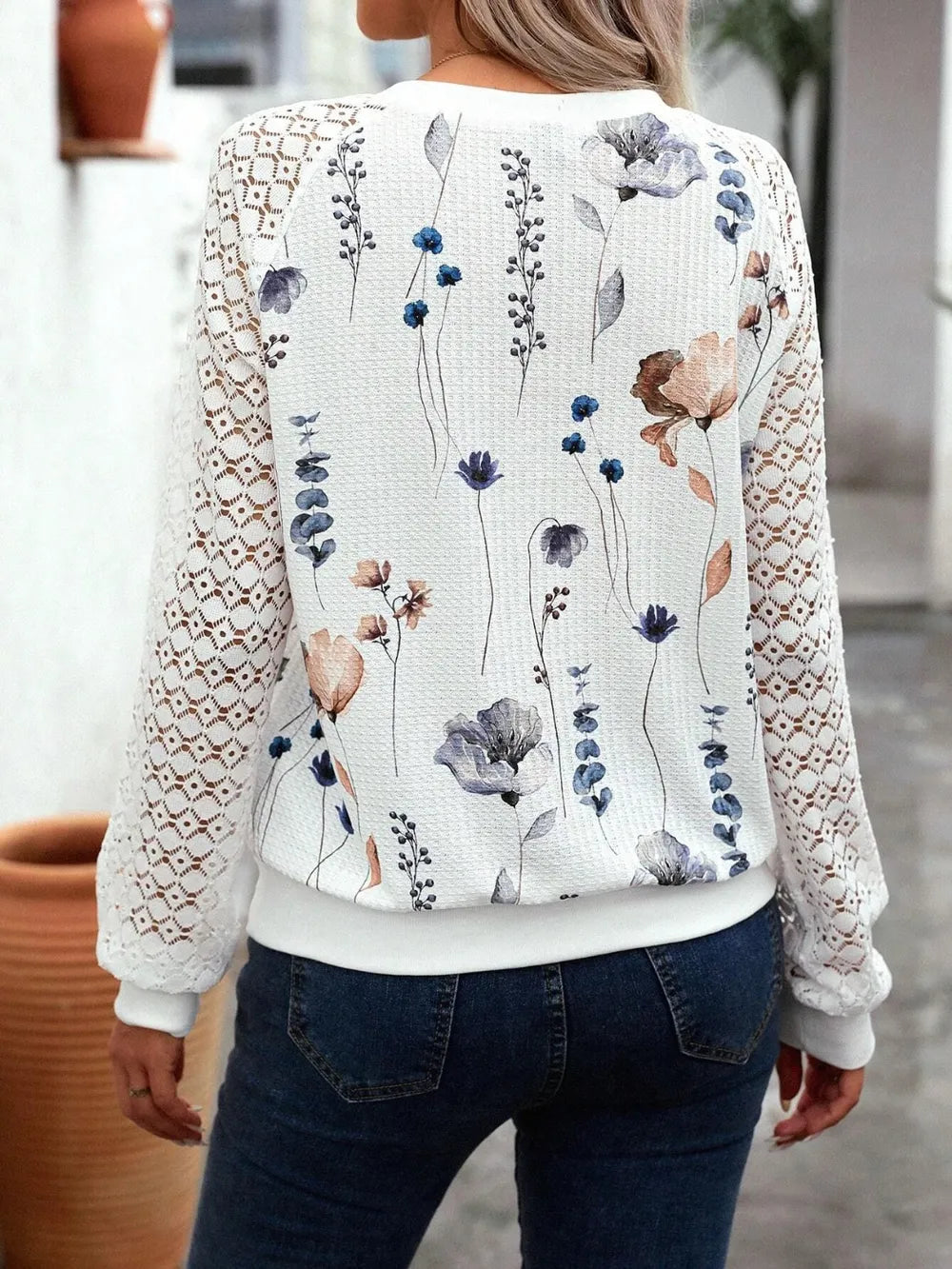Printed Round Neck Long Sleeve Top  DAME BOHEME