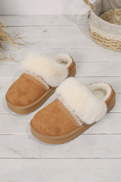 Camel Suede Fuzzy Winter Warm Platform Slippers  DAME BOHEME