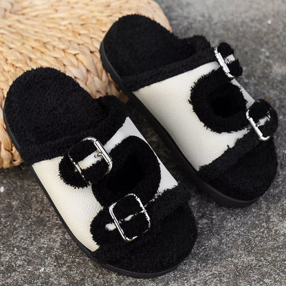 Buckle Decor Plush Lined Platform Slippers  DAME BOHEME