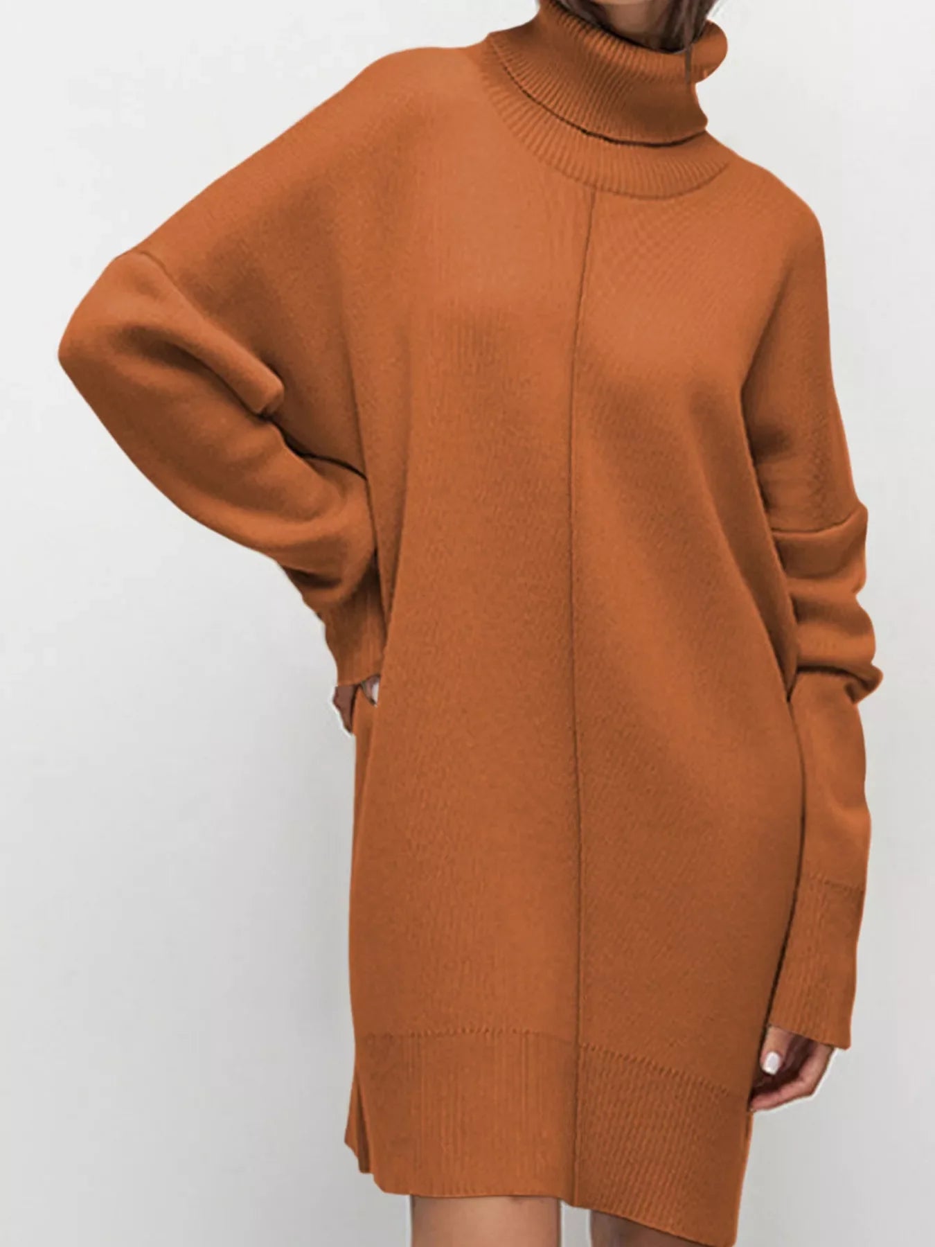 Solid Color Turtleneck Drop Shoulder Loose Sweater Dress  DAME BOHEME