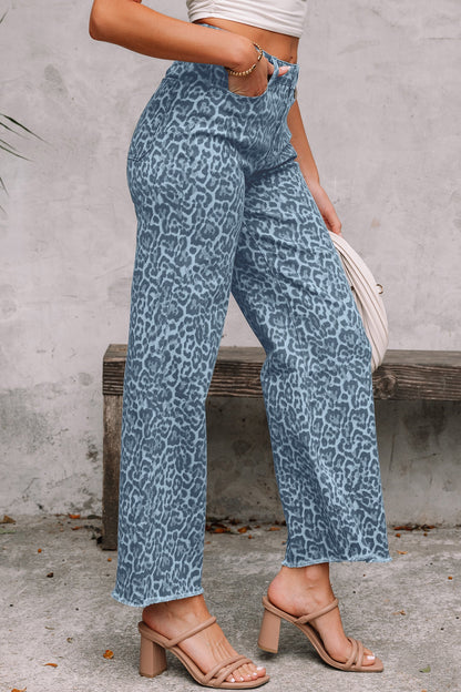 Gray Leopard Frayed Edge Wide Leg High Waist Jeans  DAME BOHEME