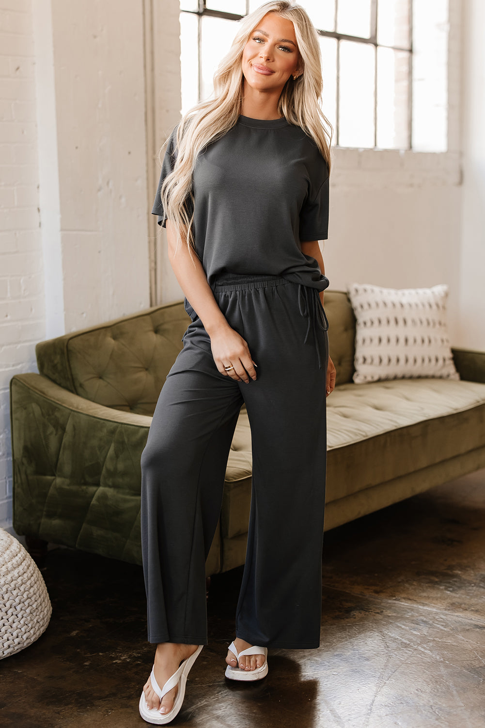 Dallas Drawstring Side Crewneck Tee and Loose Pants Set  DAME BOHEME