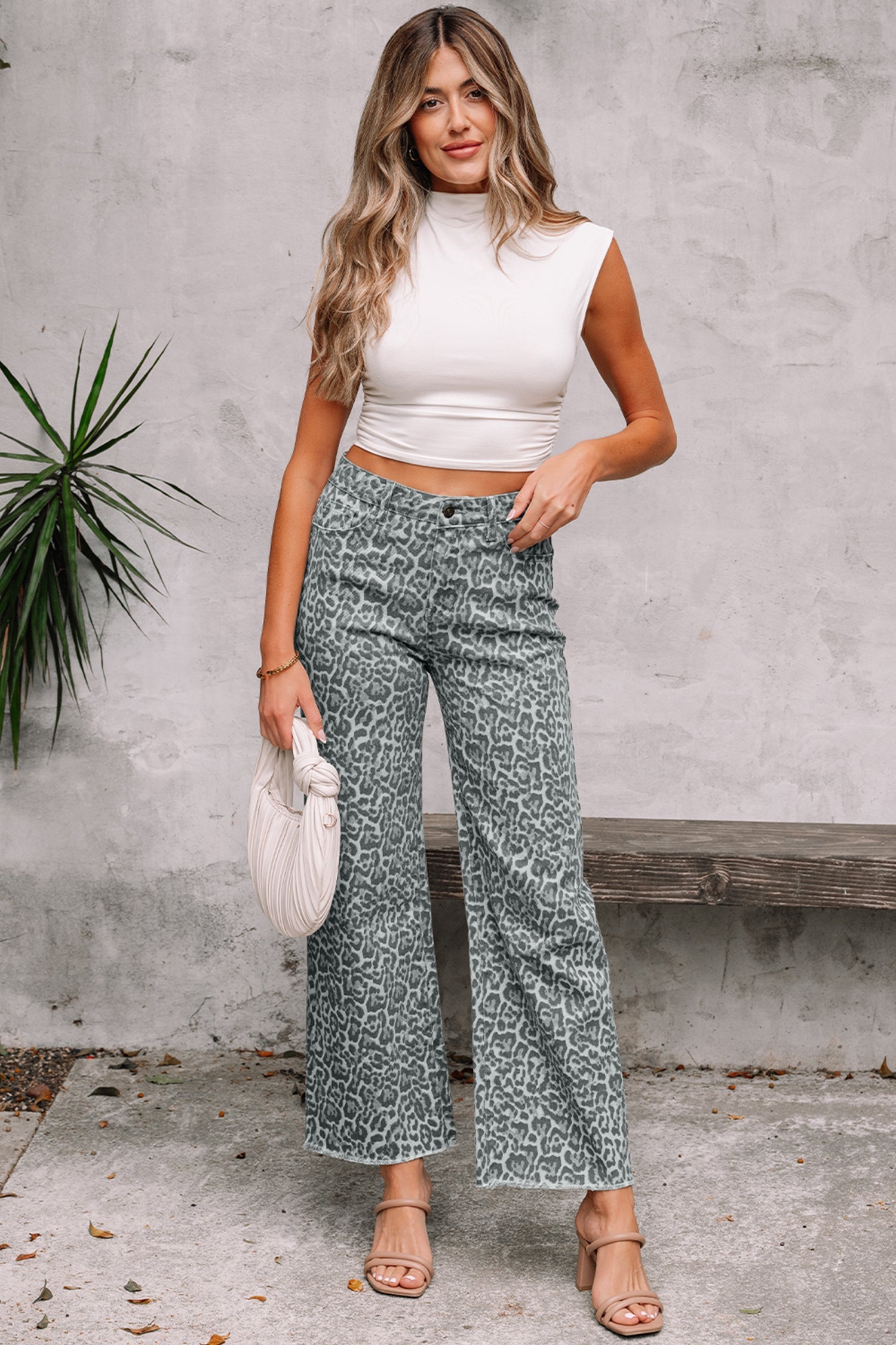 Gray Leopard Frayed Edge Wide Leg High Waist Jeans  DAME BOHEME
