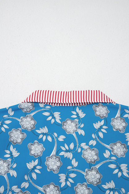 Blue Retro Floral Print Striped Trim Button Neck Short Sleeve Blouse  DAME BOHEME