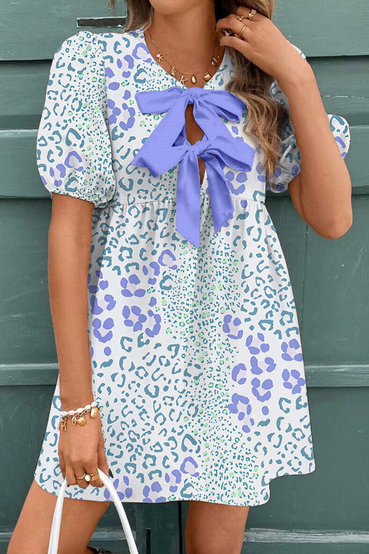 Sky Blue Leopard Bow Front Puff Sleeve Mini Dress  DAME BOHEME