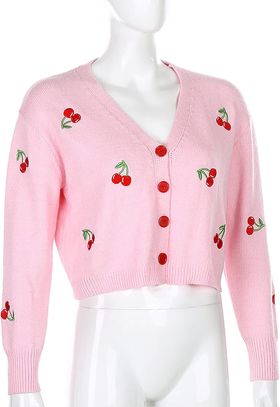 Cherry Embroidery Long Sleeve V-Neck Cropped Cardigan