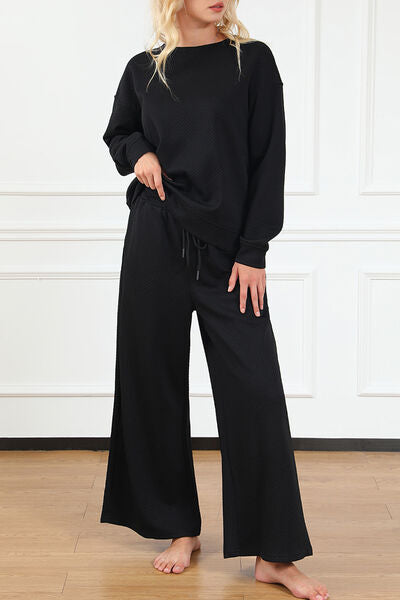 Double Take Full Size Textured Long Sleeve Top and Drawstring Pants Set  DAME BOHEME
