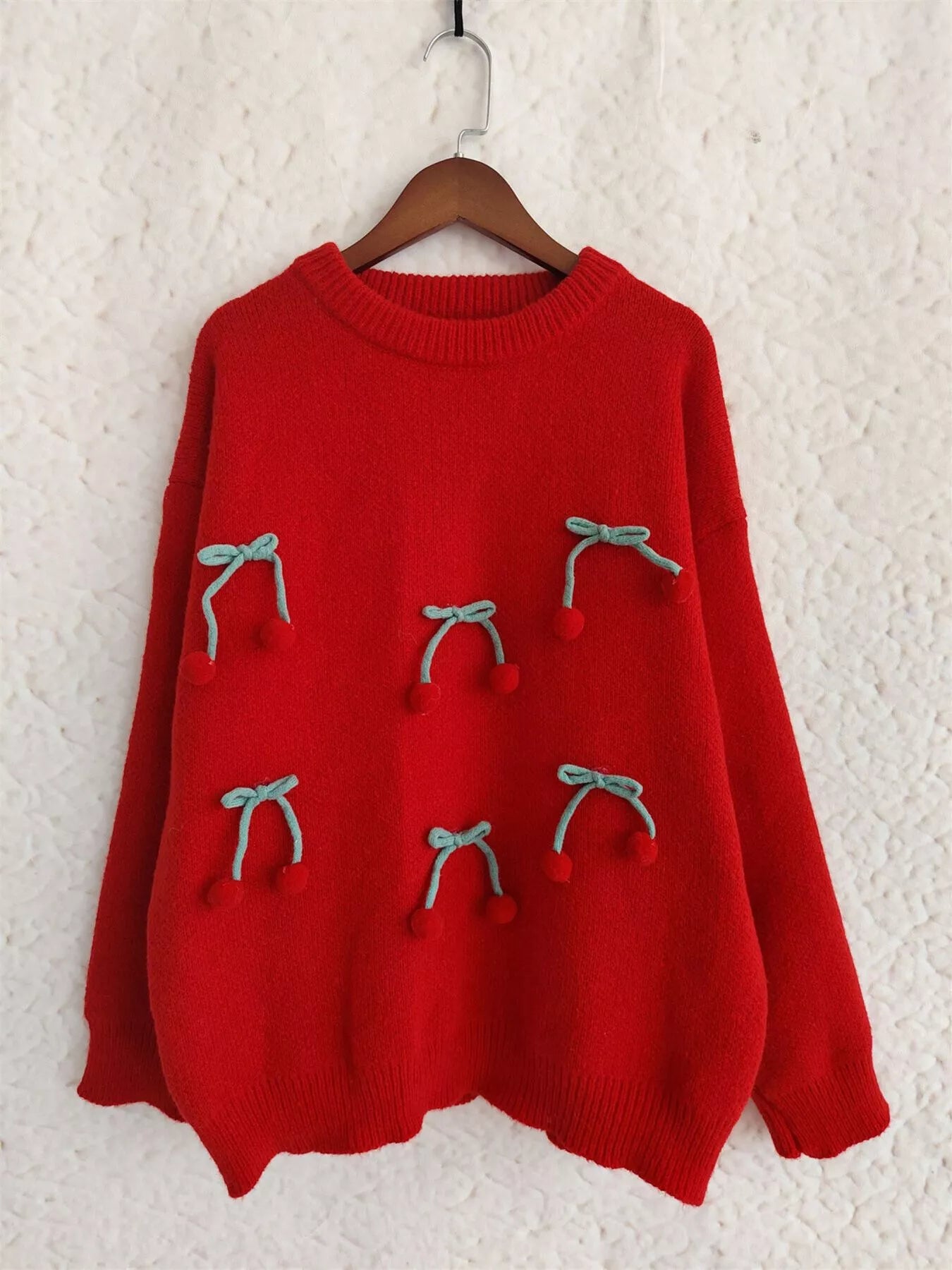 Cherry Pom-Pom Knit Round Neck Sweater  DAME BOHEME