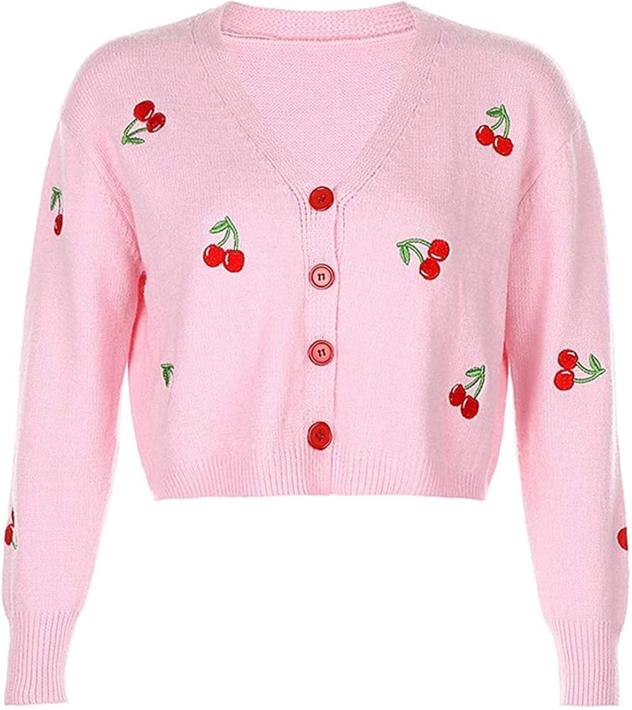 Cherry Embroidery Long Sleeve V-Neck Cropped Cardigan