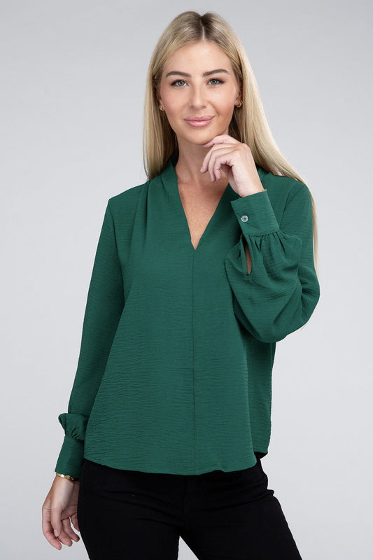 Woven Airflow V-Neck Long Sleeve Top ZENANA