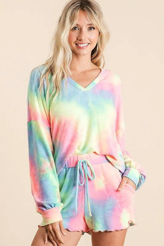 BiBi Tie Dye French Terry Top and Shorts Set Trendsi