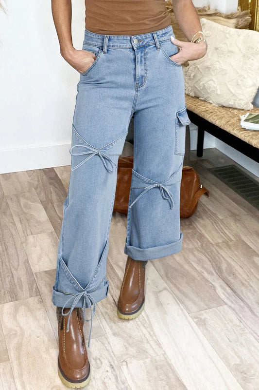 Light Wash Bowknot Ties Cargo Jeans Simply Love