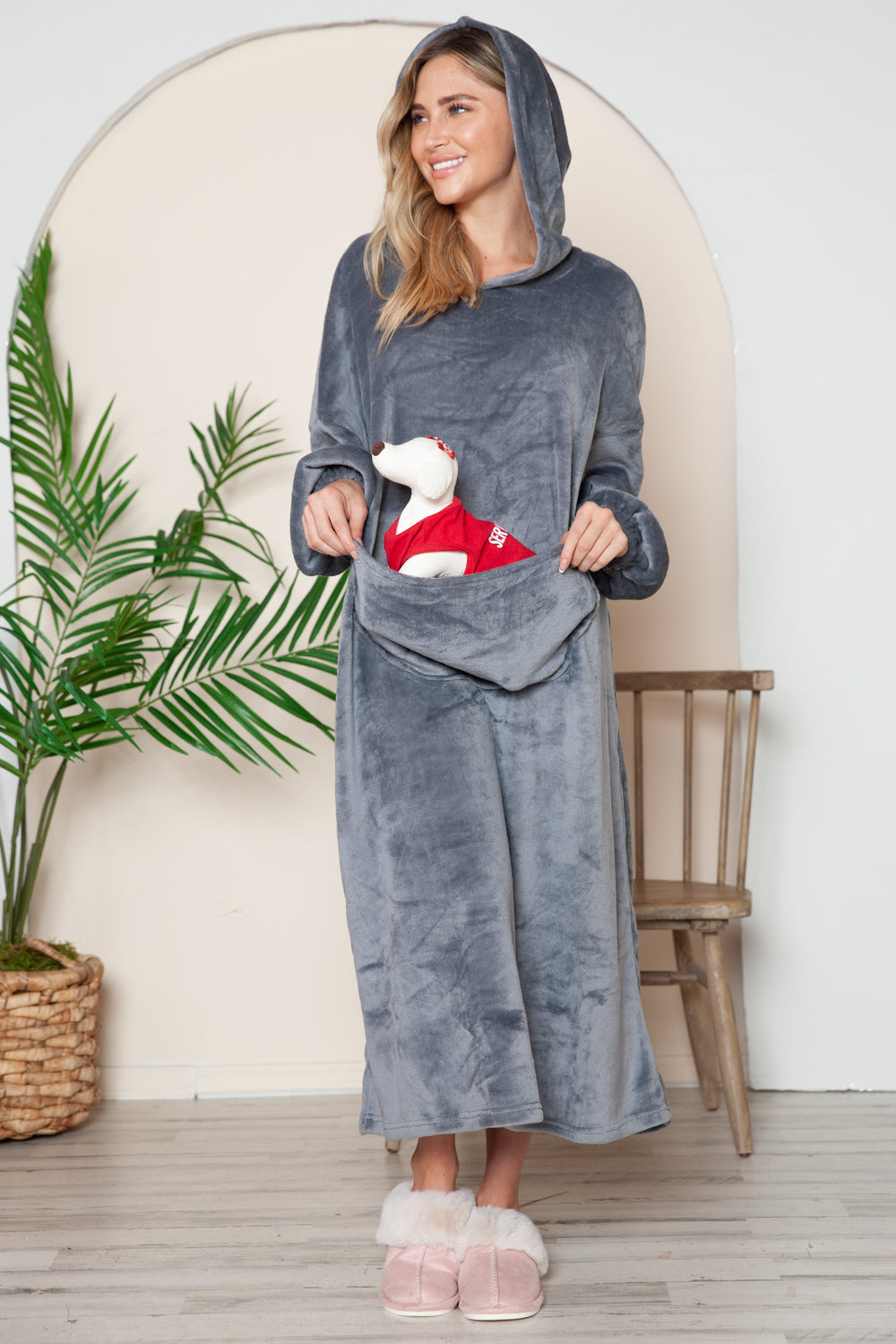 Full Size Pocketed Hooded Midi Lounge Dress Trendsi