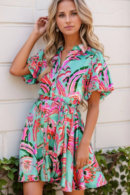 Abstract Print High Waist Buttoned Mini Shirt Dress Simply Love
