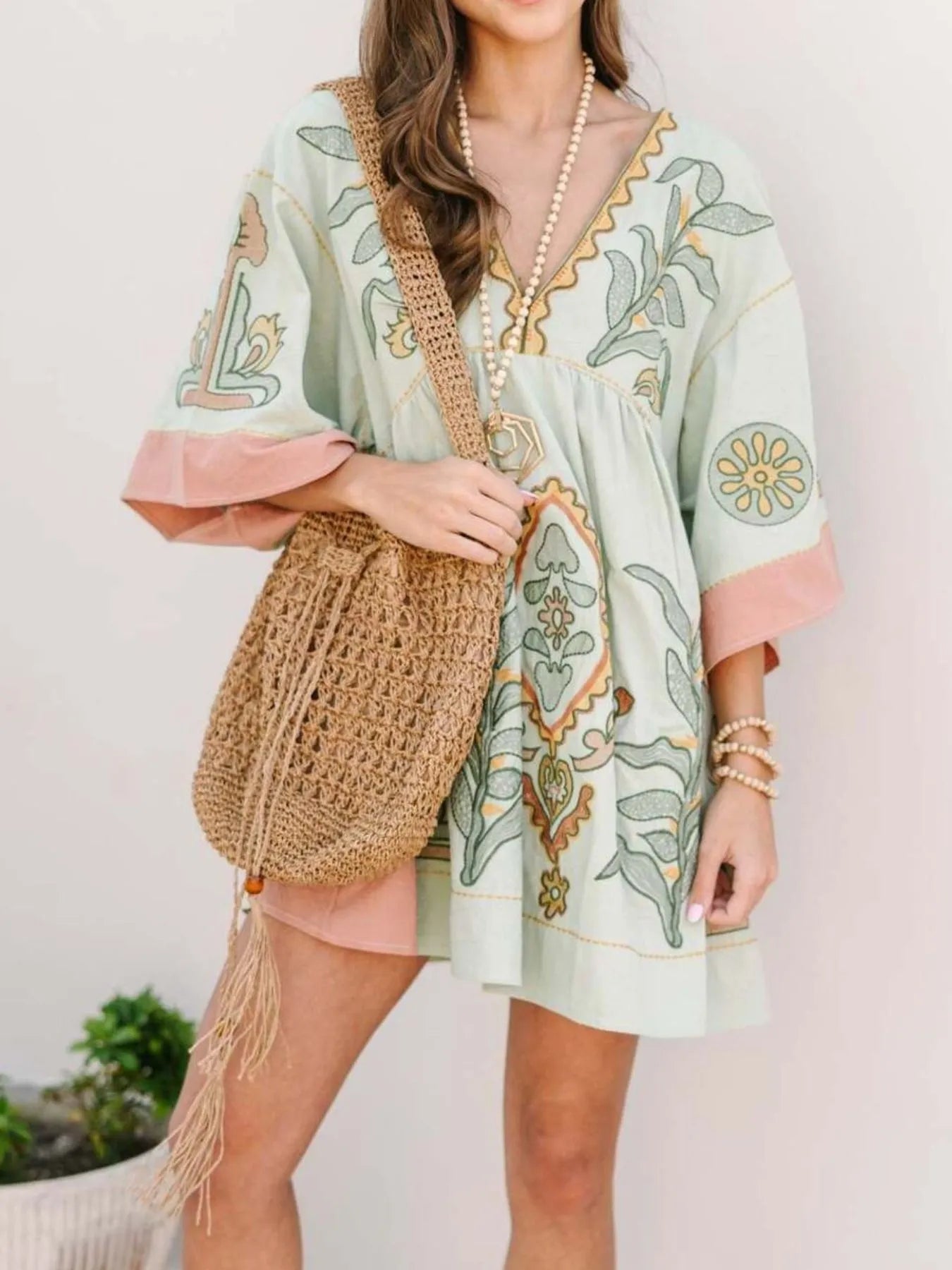 Printed V-Neck Kimono Sleeve Mini Dress Trendsi