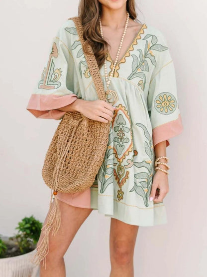 Printed V-Neck Kimono Sleeve Mini Dress Trendsi