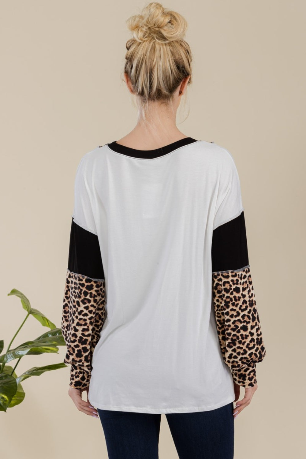 Celeste Full Size Leopard Color Block Exposed Seam T-Shirt Blouse