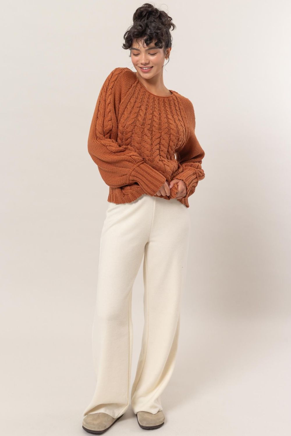 HYFVE Cable-Knit Round Neck Raglan Sleeve Sweater Trendsi