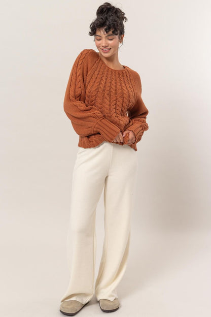HYFVE Cable-Knit Round Neck Raglan Sleeve Sweater Trendsi