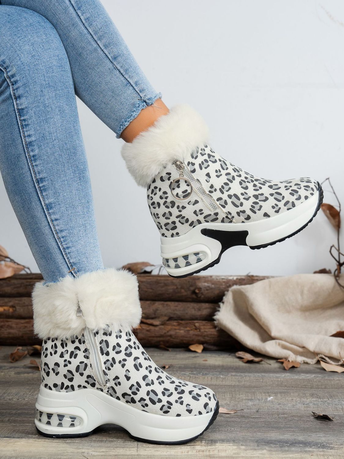 Side Zipper Leopard Suede Fur Trim Platform Boots