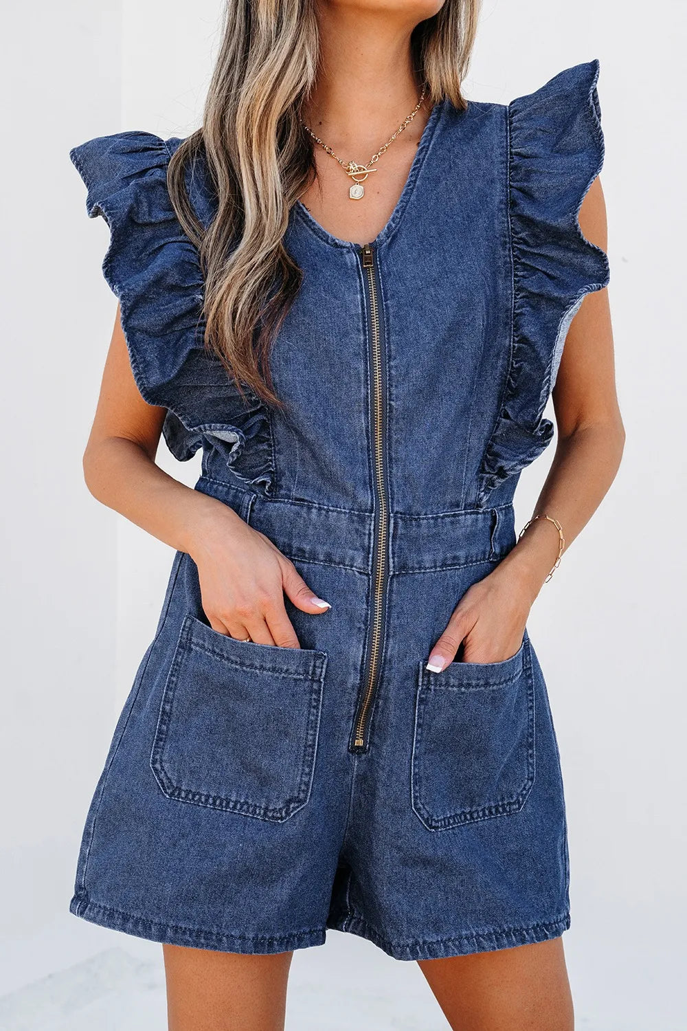 Denim Ruffled Zipped Front Belted Romper Trendsi