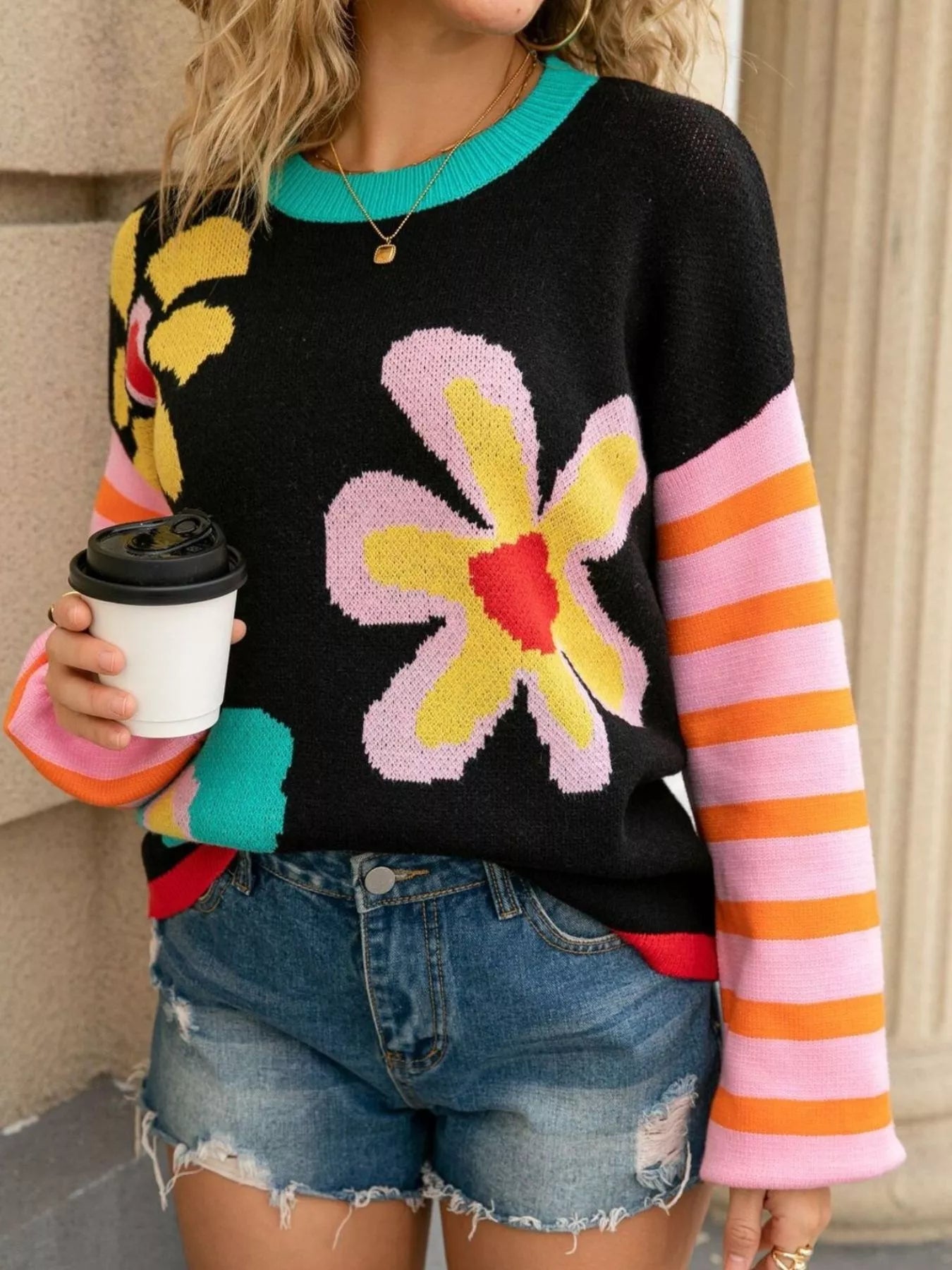 Retro Floral Striped Sleeves Crew Neck Sweater  DAME BOHEME
