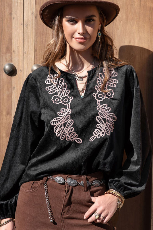 Embroidered Notched Neck Long Sleeve Blouse Trendsi