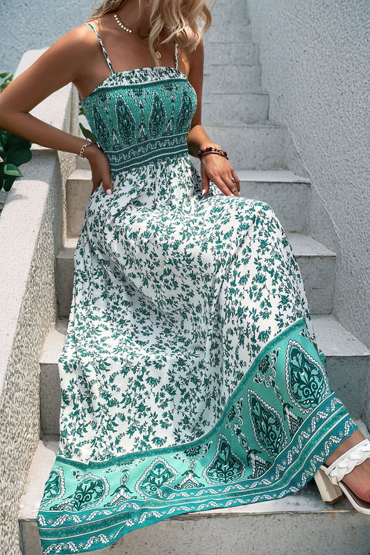 Green Boho Floral Print Shirred Cami Maxi Dress  DAME BOHEME