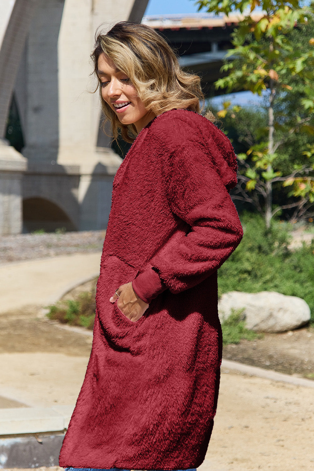 Double Take Full Size Hooded Teddy Bear Jacket with Thumbholes  DAME BOHEME