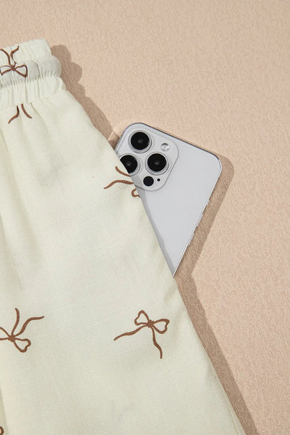 Bow Print Lace Drawstring Casual Shorts Simply Love