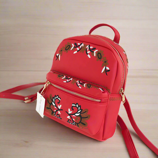 Faux Leather Floral Embroidered Zip Backpack Bella Chic