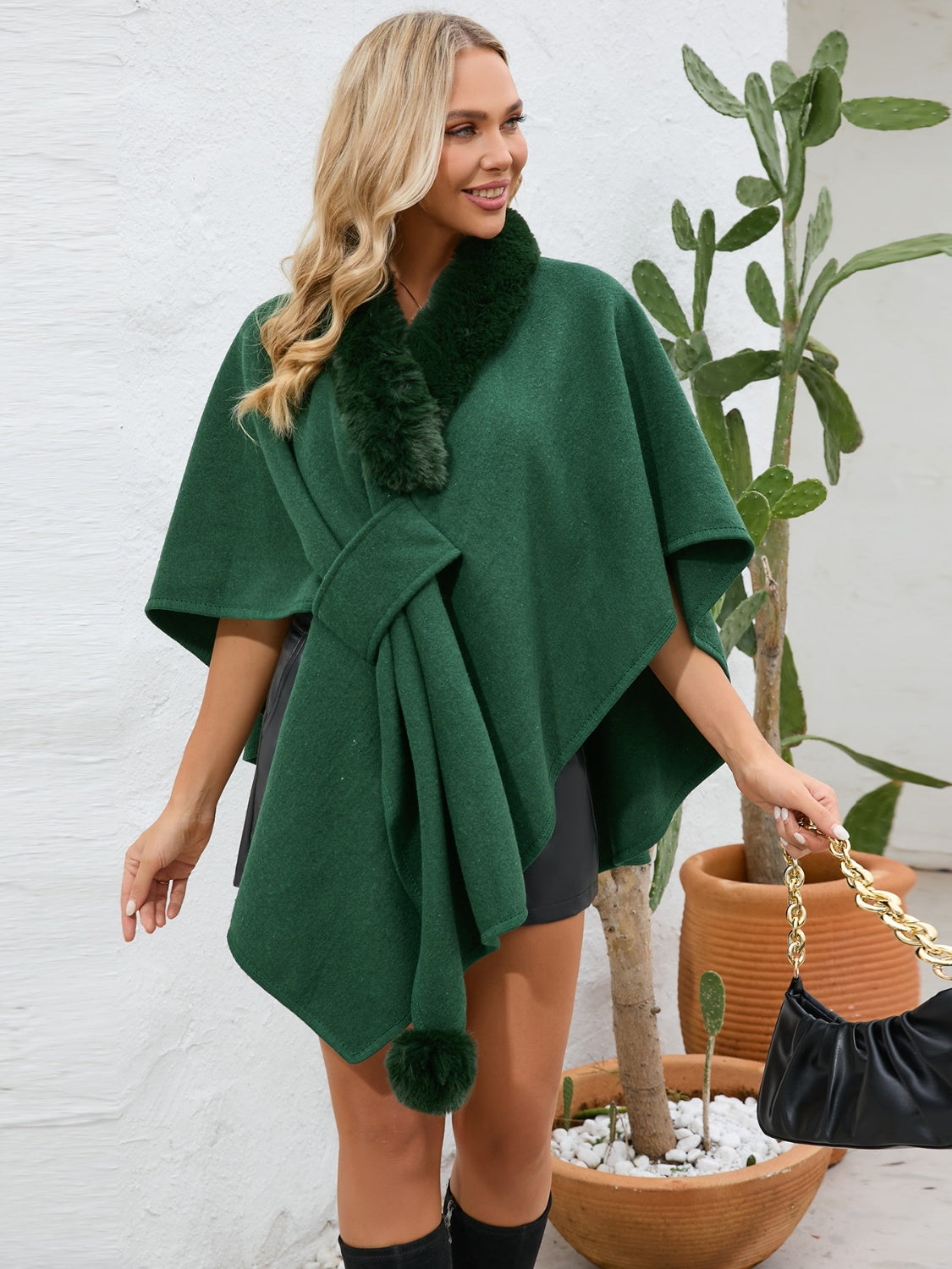 Asymmetrical Faux Fur Collar Open Front Poncho