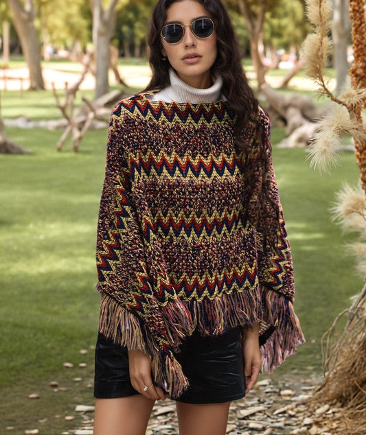 Ethnic Boho Style Striped Fringed Batwing Sleeve Poncho Hope Horizon