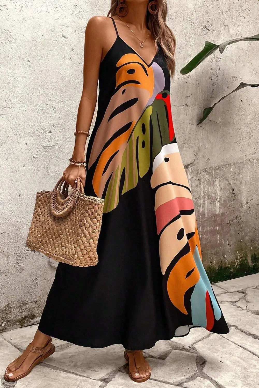 Tropical Leaf Print V-Neck Maxi Cami Dress Plus Size Trendsi